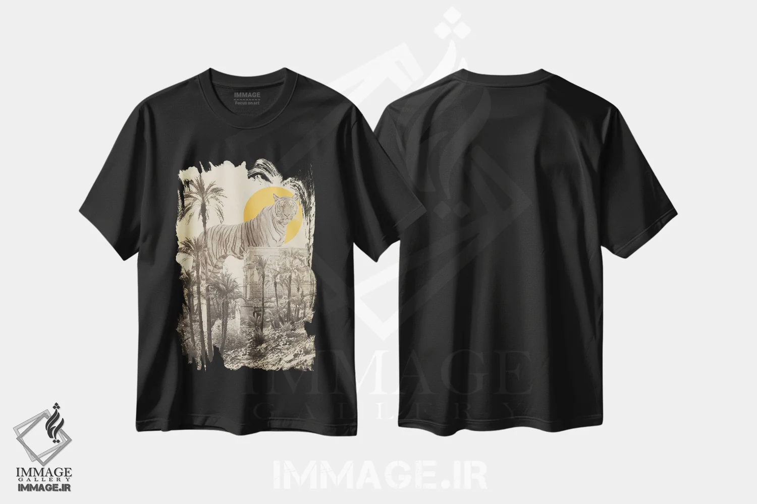 تیشرت مشکی طرح دار ببر غول پیکر در ویرانه ها با درختان نخل، هنر دیجیتال اثر فلوران بُدار | immage.ir