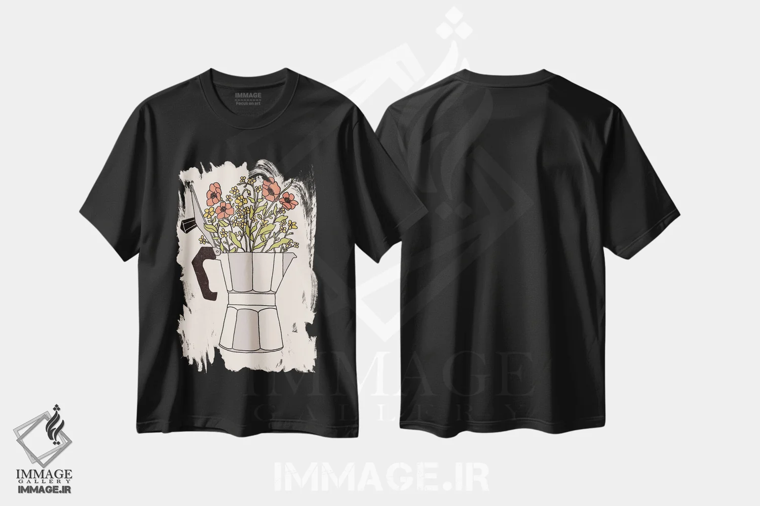 تیشرت مشکی طرح دار گل های موکا، هنر دیجیتال اثر فلوران بُدار | فروشگاه ایماژ