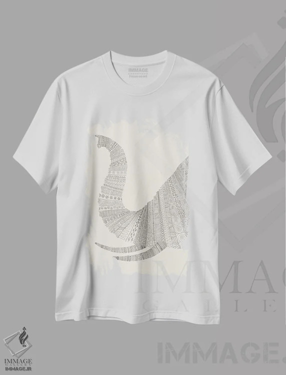 تیشرت سفید طرح دار فیل روی زمینه بژ، تزئینی اثر فلوران بُدار | فروشگاه ایماژ