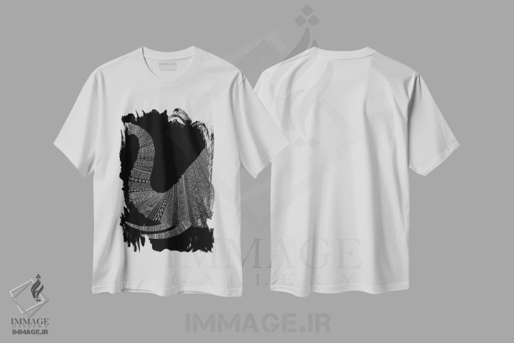 تیشرت سفید طرح دار فیل روی زمینه سیاه، هنر تزئینی سیاه و سفید اثر فلوران بُدار | immage.ir