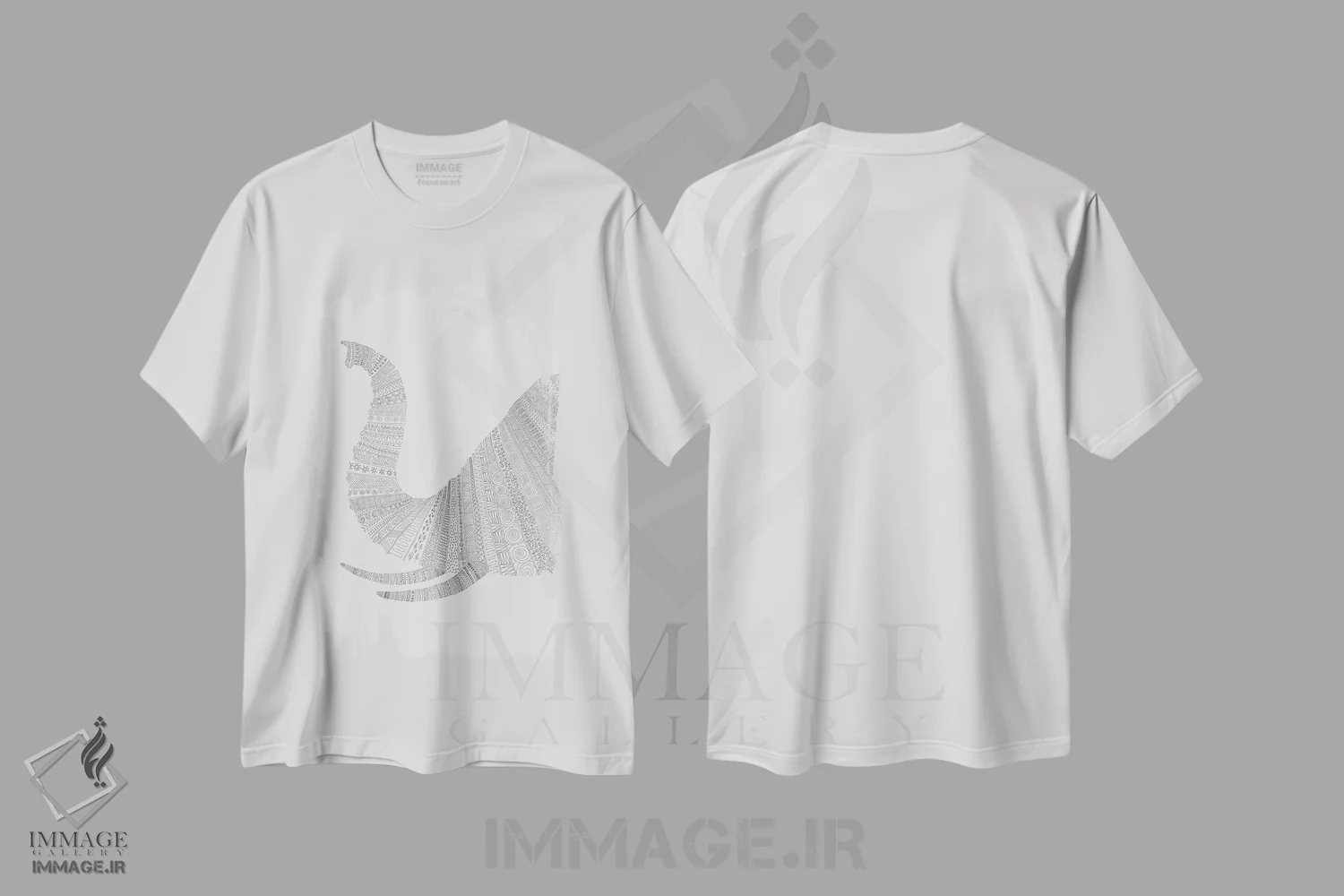 تیشرت سفید طرح دار فیل روی زمینه خاکستری، تزئینی اثر فلوران بُدار | immage.ir