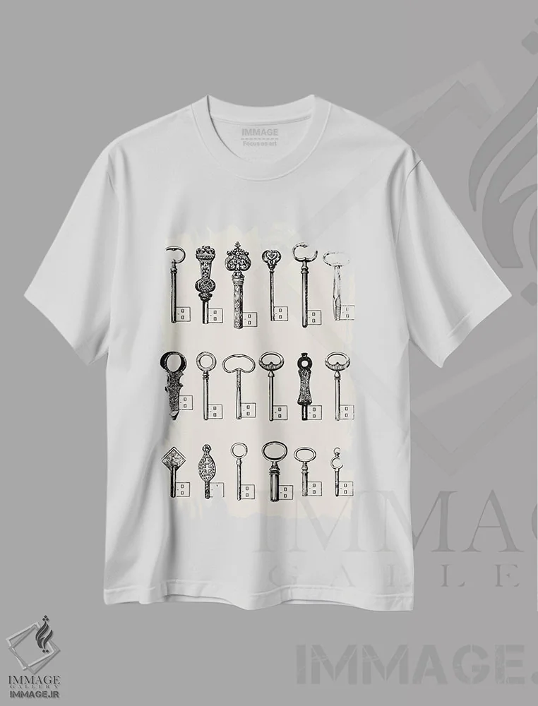 تیشرت سفید طرح دار کلیدهای یو اس بی، هنر تزئینی سیاه و سفید اثر فلوران بُدار | immage.ir