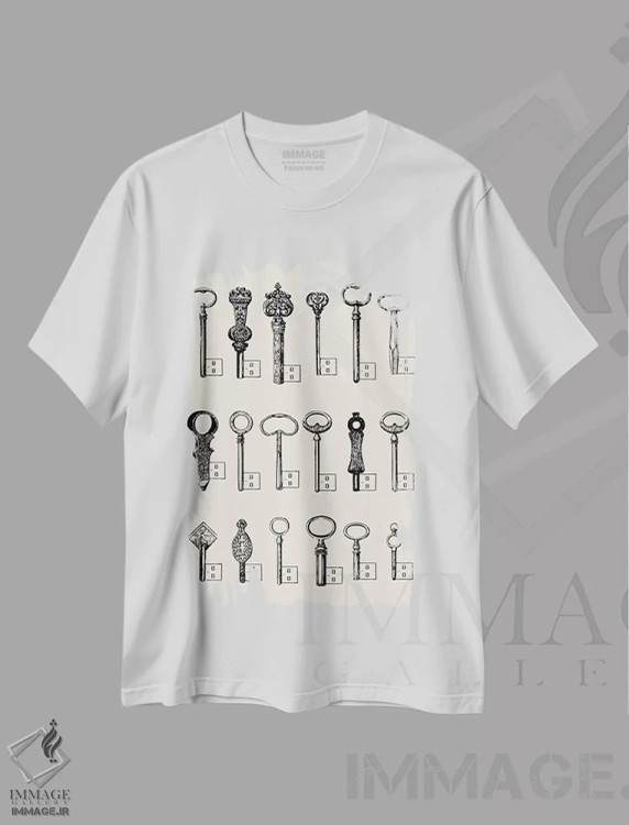 تیشرت سفید طرح دار کلیدهای یو اس بی، هنر تزئینی سیاه و سفید اثر فلوران بُدار | immage.ir