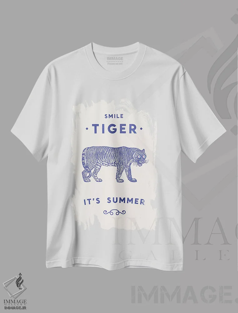 تیشرت سفید طرح دار لبخند بزن ببر، تابستان آمد، تایپوگرافی اثر فلوران بُدار | فروشگاه ایماژ