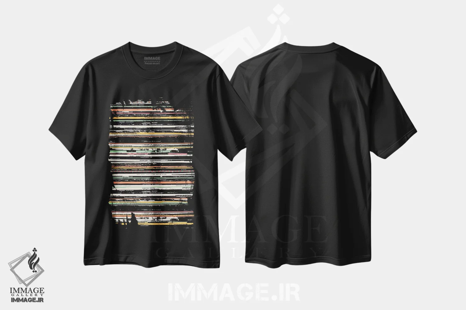 تیشرت مشکی طرح دار صفحه های موسیقی، آبستره اثر فلوران بُدار | immage.ir