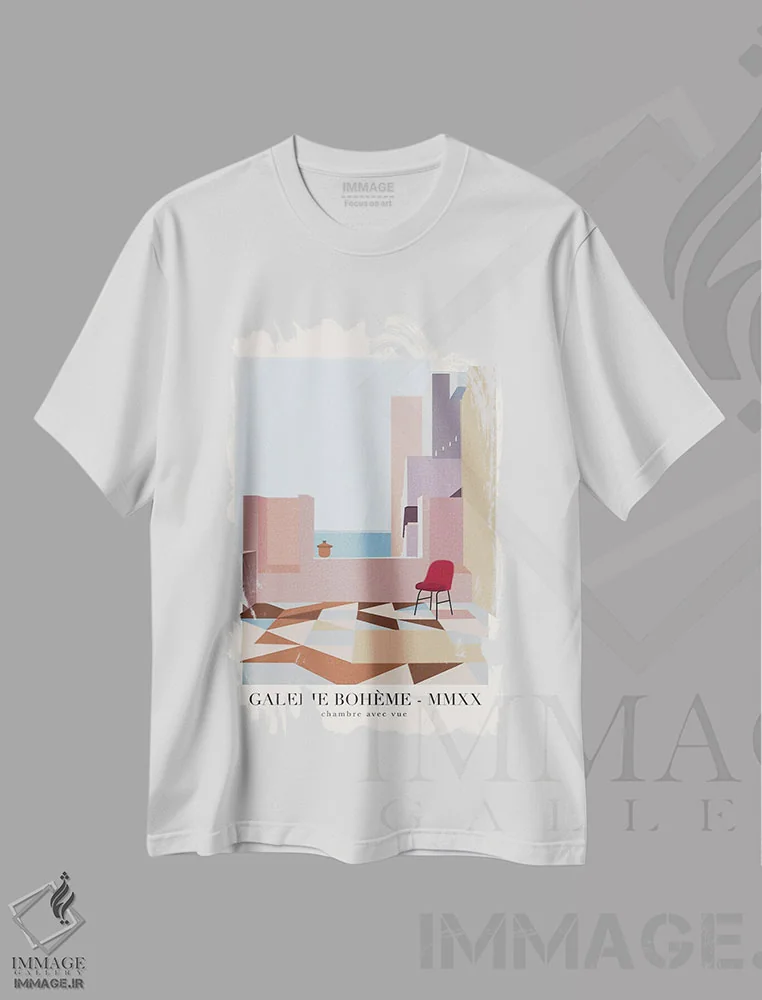 تیشرت سفید طرح دار اتاق با چشم انداز، دکور بوهمی اثر فلاور لاو چایلد | فروشگاه ایماژ