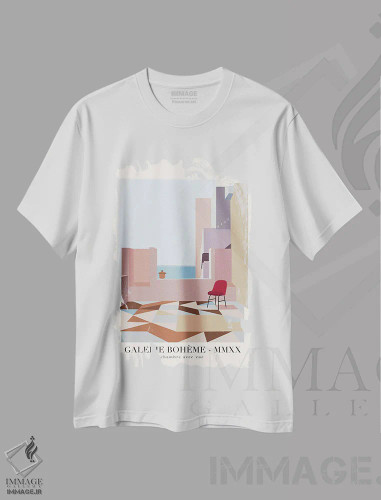 تیشرت سفید طرح دار اتاق با چشم انداز، دکور بوهمی اثر فلاور لاو چایلد | فروشگاه ایماژ