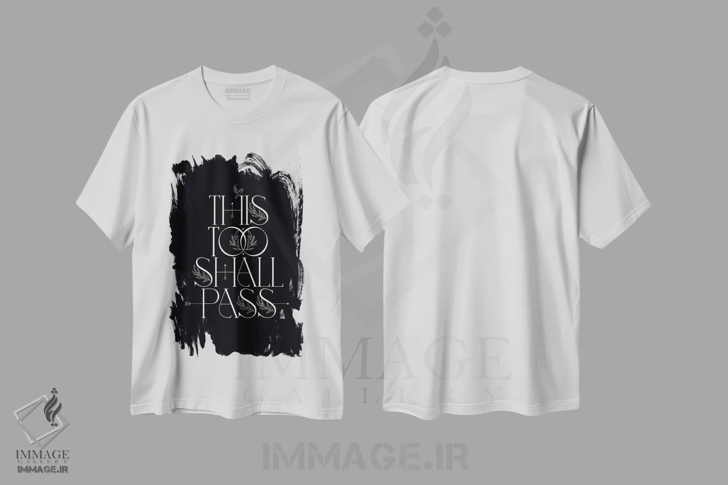 تیشرت سفید طرح دار این نیز بگذرد، هنر تزئینی سیاه و سفید اثر فلاور لاو چایلد | فروشگاه ایماژ