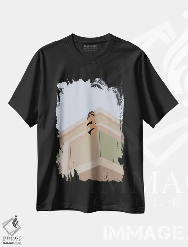 تیشرت مشکی طرح دار دخترک حمام کننده، دکور ساحلی اثر فلاور لاو چایلد | فروشگاه ایماژ