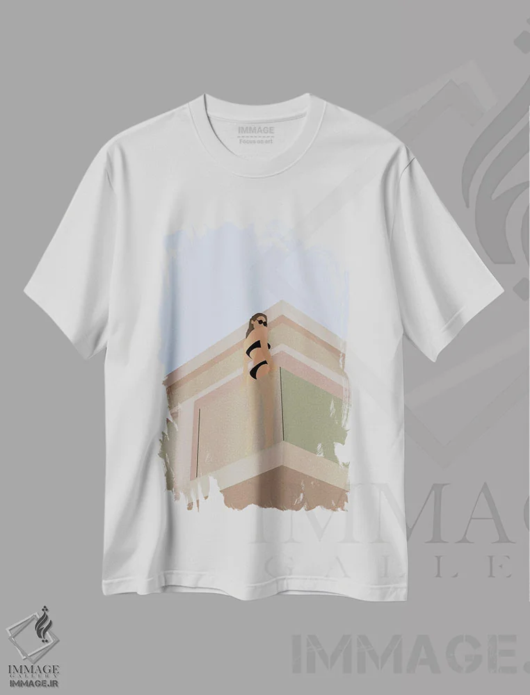 تیشرت سفید طرح دار دخترک حمام کننده، دکور ساحلی اثر فلاور لاو چایلد | immage.ir