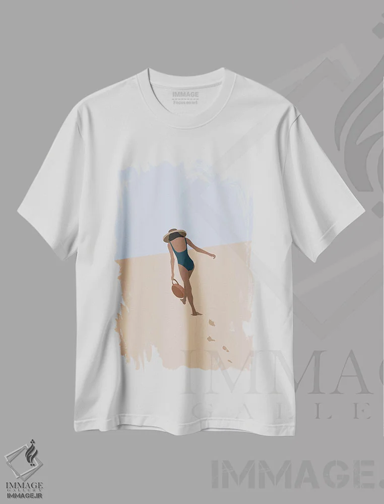 تیشرت سفید طرح دار دخترک ساحلی، دکور ساحلی اثر فلاور لاو چایلد | فروشگاه ایماژ