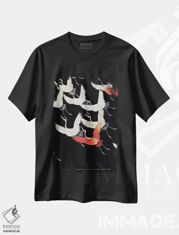 تیشرت مشکی طرح دار درناهای پروازکننده، دکور آسیایی اثر فلاور لاو چایلد | فروشگاه ایماژ