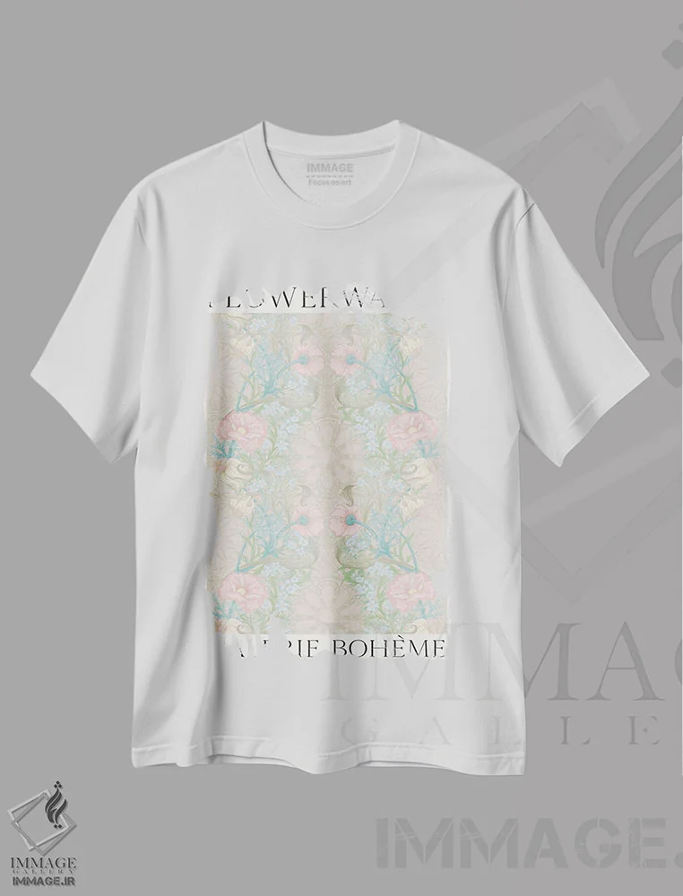 تیشرت سفید طرح دار دیوار گل تابستانی، دکور بوهمی اثر فلاور لاو چایلد | فروشگاه ایماژ