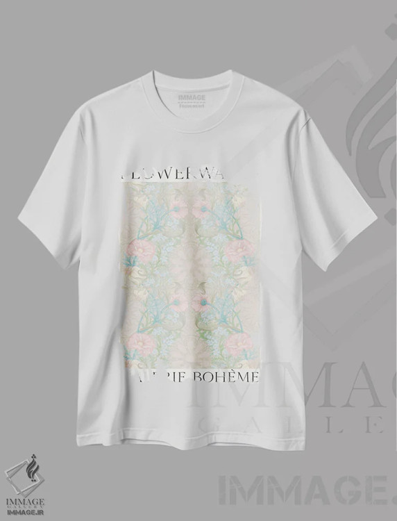 تیشرت سفید طرح دار دیوار گل تابستانی، دکور بوهمی اثر فلاور لاو چایلد | فروشگاه ایماژ