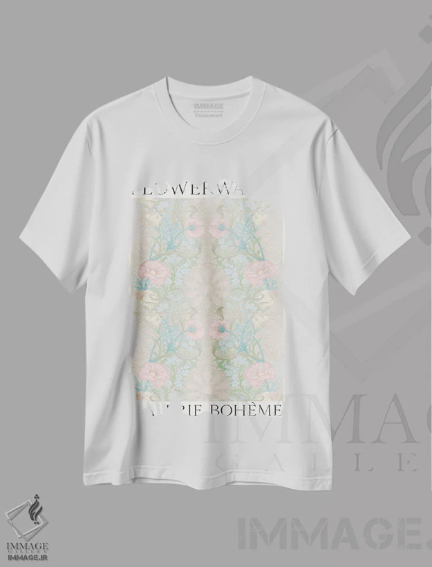 تیشرت سفید طرح دار دیوار گل تابستانی، دکور بوهمی اثر فلاور لاو چایلد | فروشگاه ایماژ