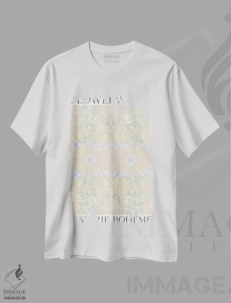 تیشرت سفید طرح دار دیوار گل بهاری، دکور بوهمی اثر فلاور لاو چایلد | immage.ir