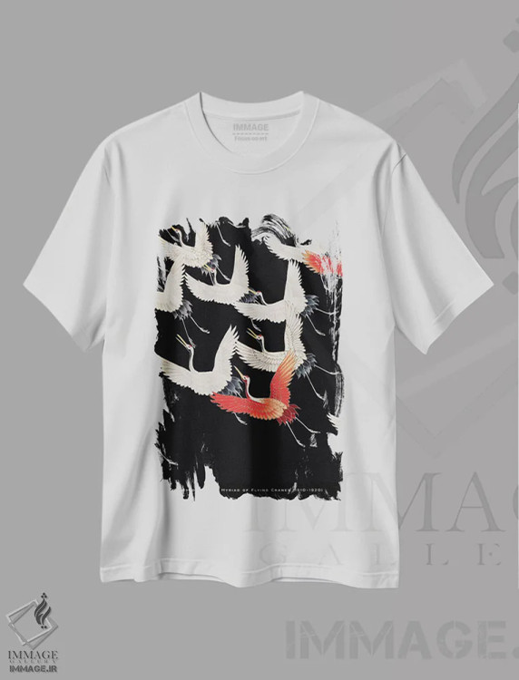 تیشرت سفید طرح دار درناهای پروازکننده، دکور آسیایی اثر فلاور لاو چایلد | immage.ir