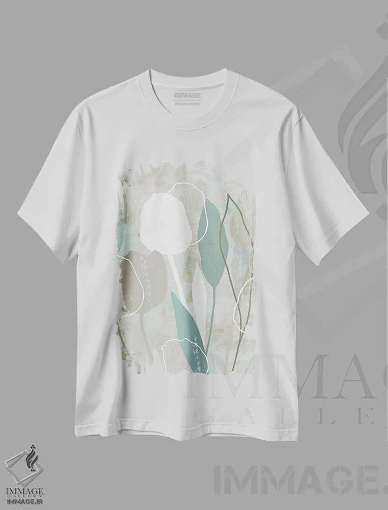 تیشرت سفید طرح دار گل دار مه دریایی ۱، آبستره اثر فلورا کوتا | فروشگاه ایماژ