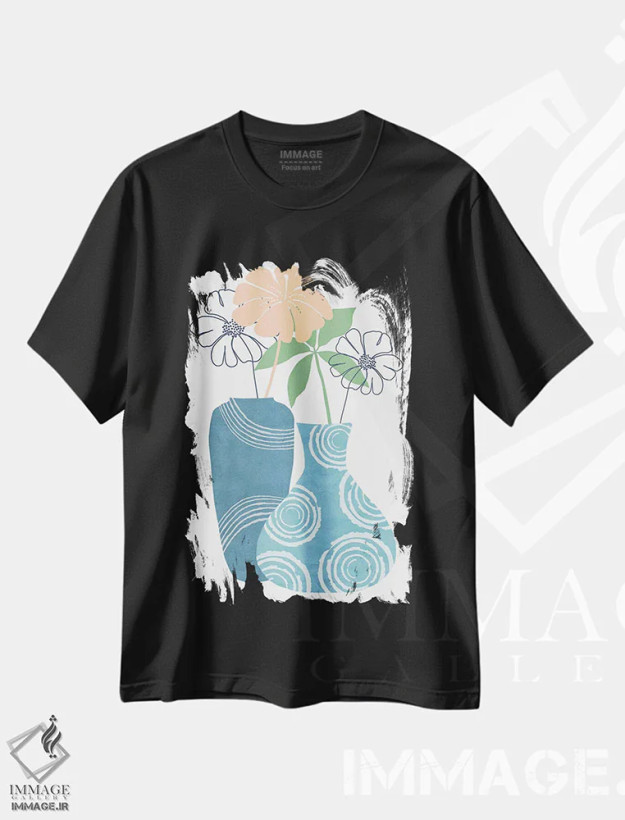 تیشرت مشکی طرح دار ظروف تزئینی آبی ۲، دکور بوهمی اثر فلورا کوتا | فروشگاه ایماژ