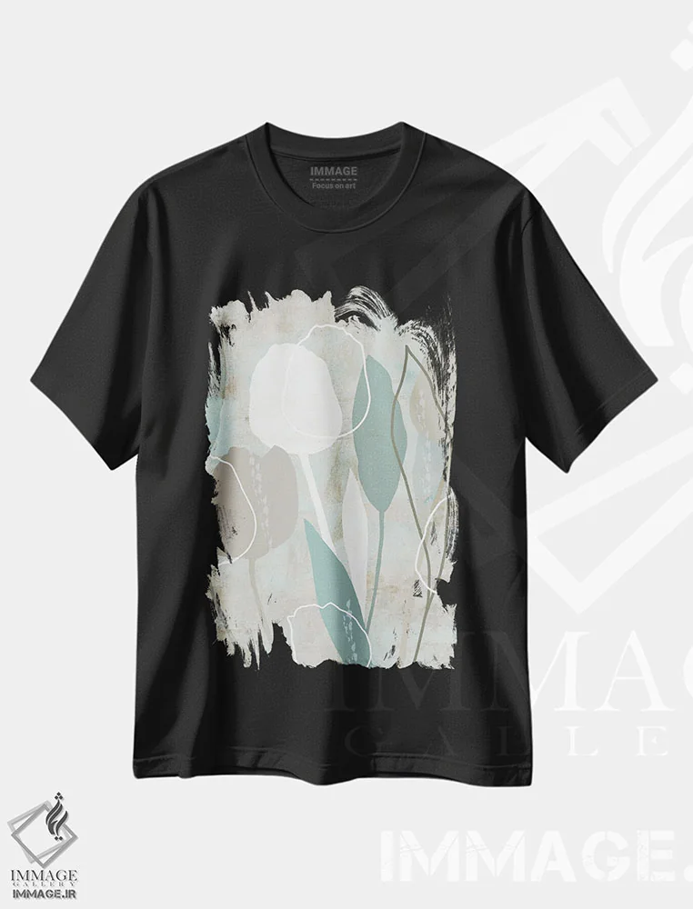 تیشرت مشکی طرح دار گل دار مه دریایی ۱، آبستره اثر فلورا کوتا | immage.ir