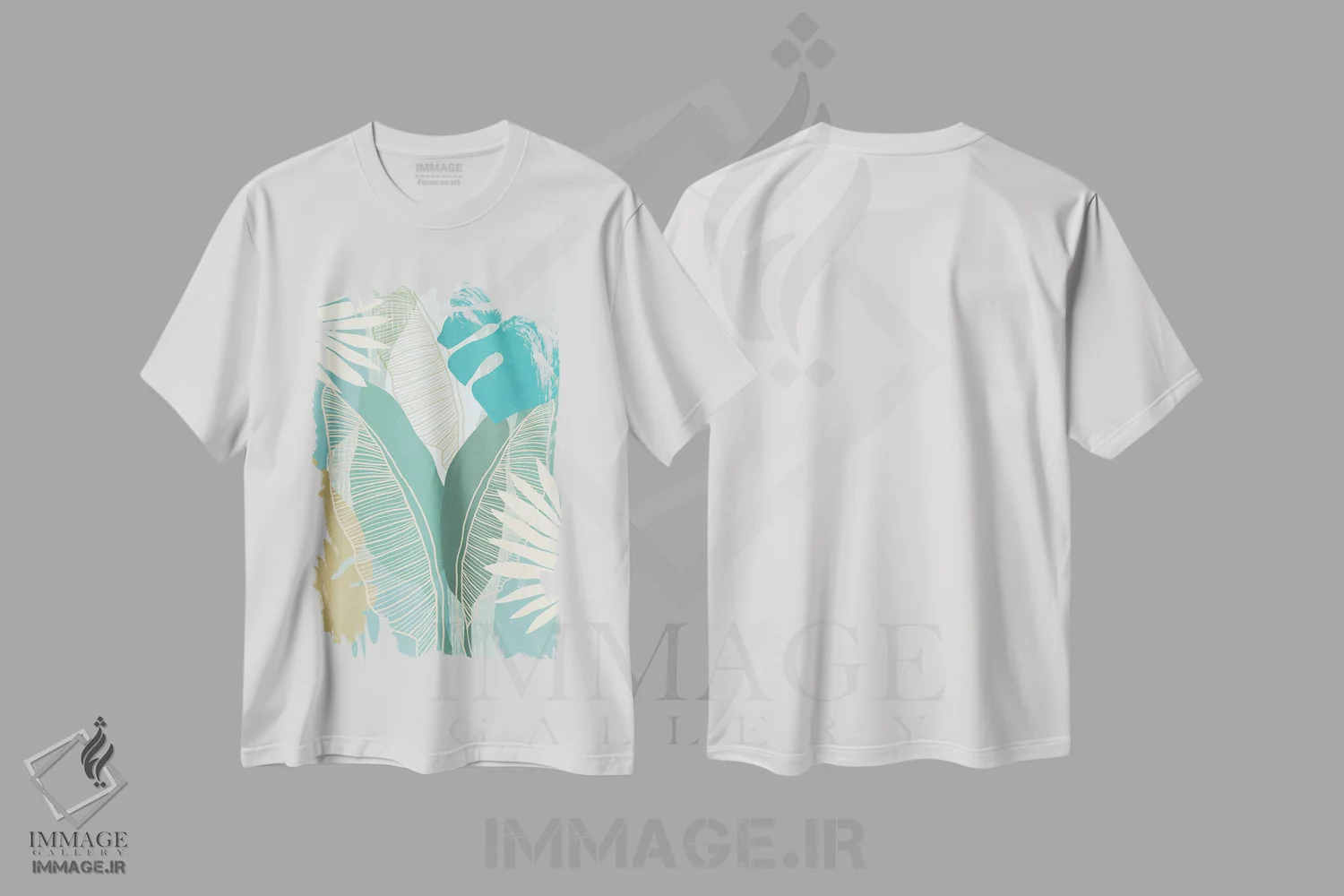 تیشرت سفید طرح دار آبی گرمسیری ۳، آبستره اثر فلورا کوتا | فروشگاه ایماژ