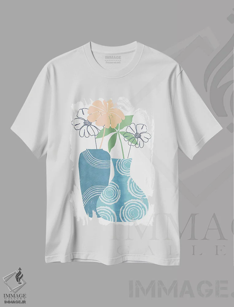 تیشرت سفید طرح دار ظروف تزئینی آبی ۲، دکور بوهمی اثر فلورا کوتا | immage.ir