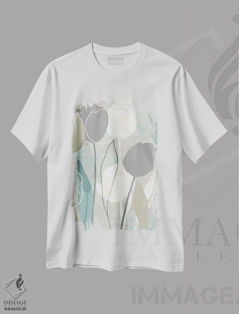 تیشرت سفید طرح دار گل دار مه دریایی ۲، آبستره اثر فلورا کوتا | immage.ir
