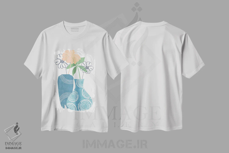 تیشرت سفید طرح دار ظروف تزئینی آبی ۲، دکور بوهمی اثر فلورا کوتا | immage.ir