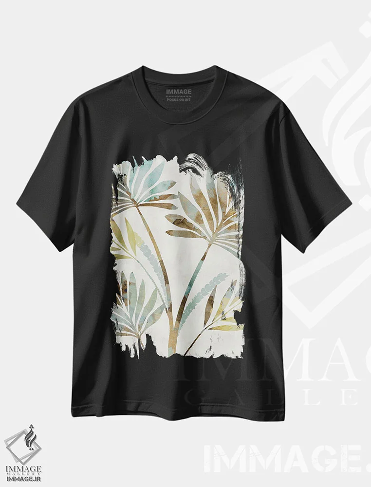 تیشرت مشکی طرح دار سایه برگ ها ۲، تزئینی اثر فلورا کوتا | immage.ir