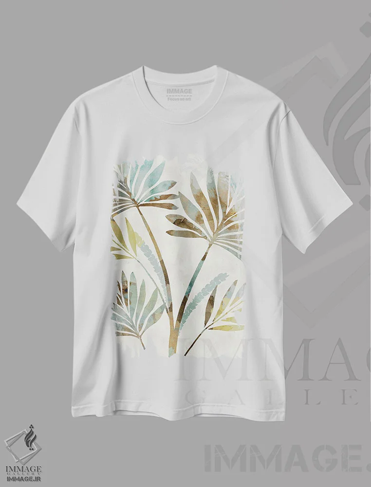 تیشرت سفید طرح دار سایه برگ ها ۲، تزئینی اثر فلورا کوتا | فروشگاه ایماژ
