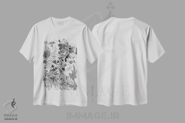 تیشرت سفید طرح دار الگوی گل، هنر دیجیتال سیاه و سفید اثر فایو بای فایو کالکتیو | immage.ir