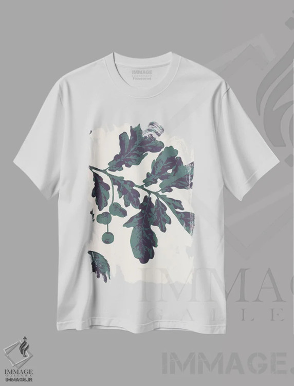 تیشرت سفید طرح دار شاخه بلوط، هنر دیجیتال اثر فایو بای فایو کالکتیو | فروشگاه ایماژ