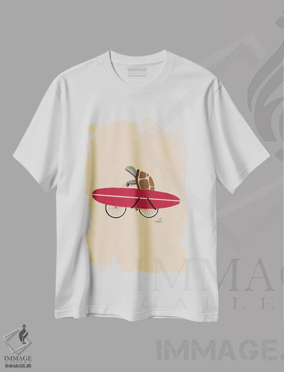 تیشرت سفید طرح دار لاک پشت دوچرخه سوار، دکور ساحلی اثر فابیان لاواتر | فروشگاه ایماژ