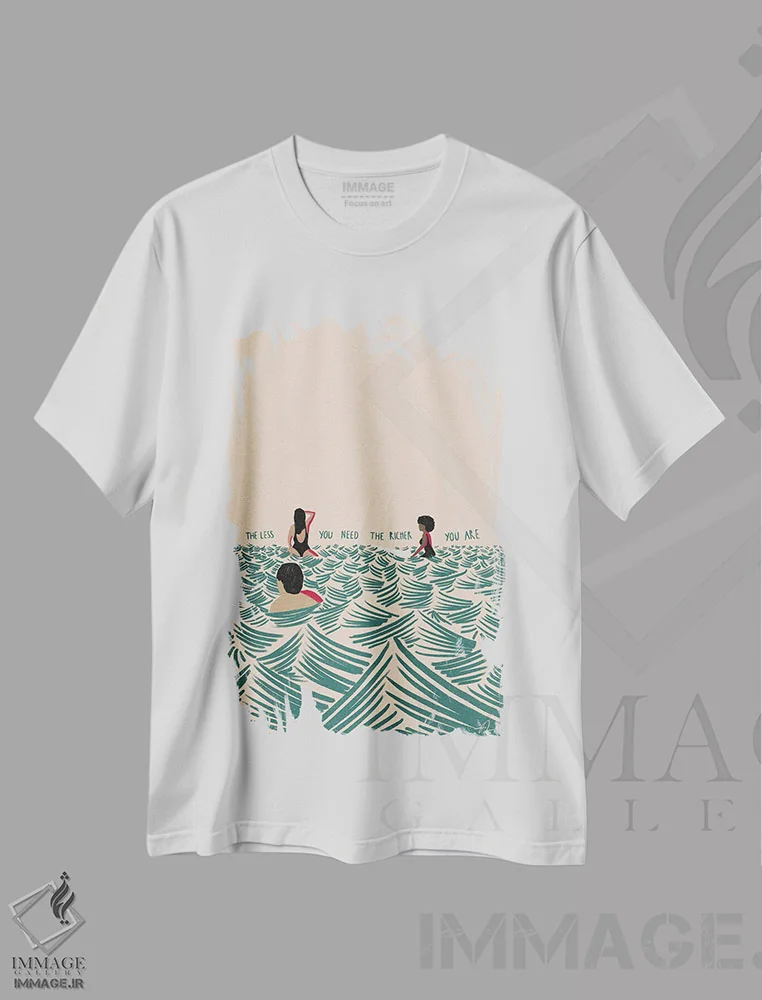 تیشرت سفید طرح دار هرچه کمتر نیاز داری، دکور ساحلی اثر فابیان لاواتر | فروشگاه ایماژ
