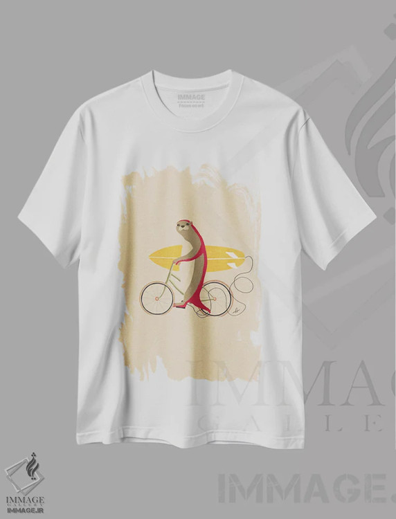 تیشرت سفید طرح دار سمور دوچرخه سوار، دکور ساحلی اثر فابیان لاواتر | فروشگاه ایماژ