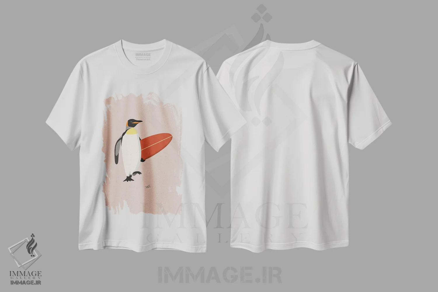 تیشرت سفید طرح دار پنگوئن موج سوار، دکور ساحلی اثر فابیان لاواتر | فروشگاه ایماژ
