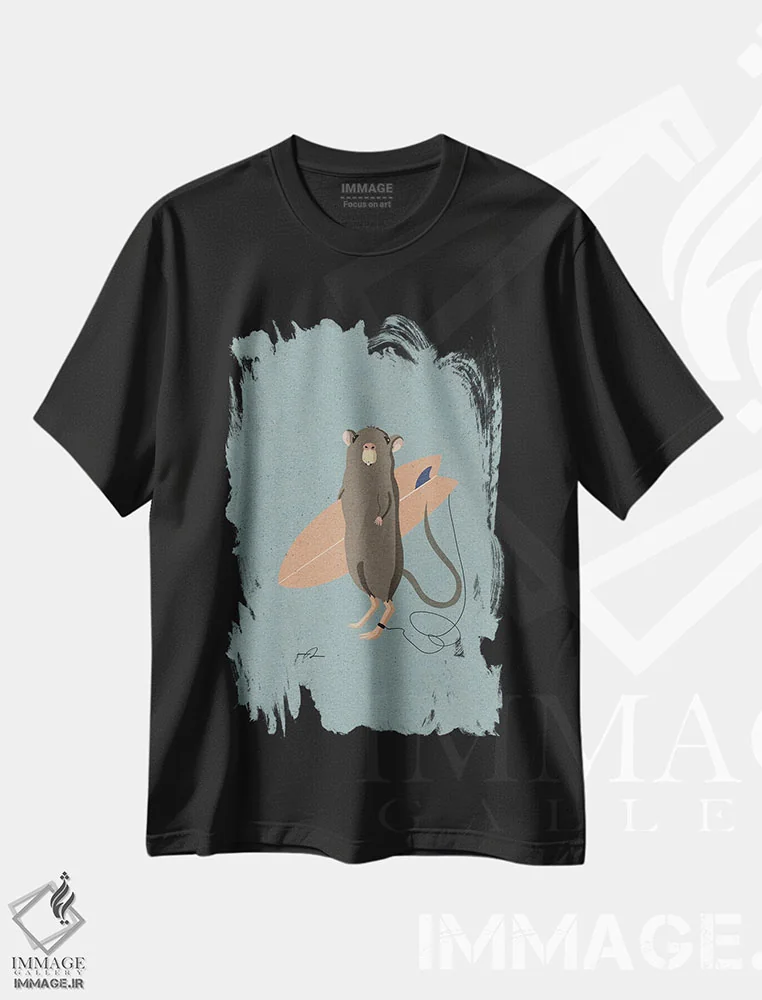 تیشرت مشکی طرح دار موش موج سوار، دکور ساحلی اثر فابیان لاواتر | فروشگاه ایماژ