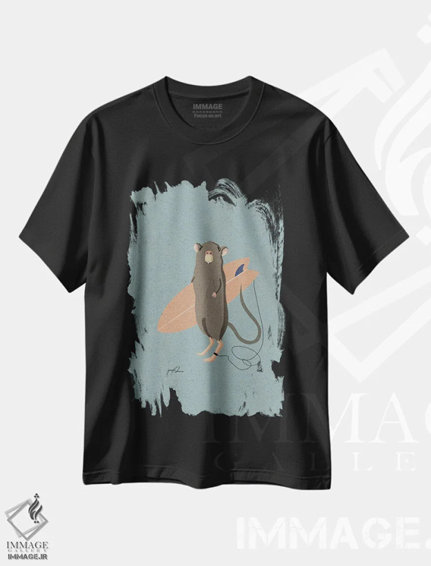تیشرت مشکی طرح دار موش موج سوار، دکور ساحلی اثر فابیان لاواتر | فروشگاه ایماژ