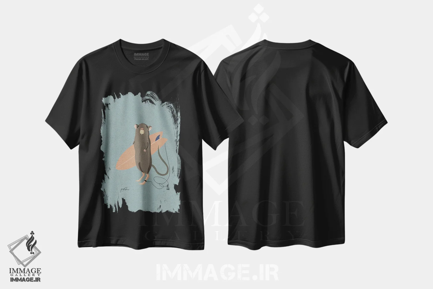 تیشرت مشکی طرح دار موش موج سوار، دکور ساحلی اثر فابیان لاواتر | فروشگاه ایماژ