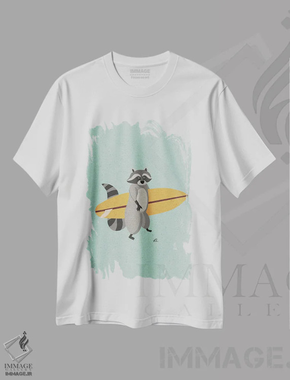 تیشرت سفید طرح دار راکن موج سوار، دکور ساحلی اثر فابیان لاواتر | فروشگاه ایماژ