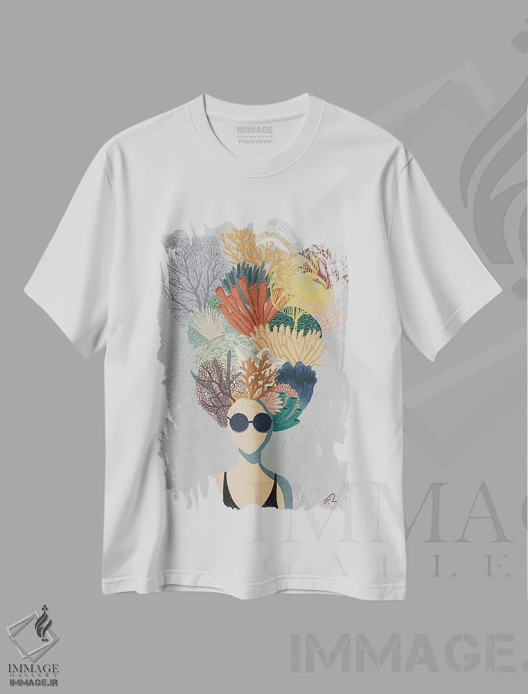 تیشرت سفید طرح دار سر مرجانی، دکور ساحلی اثر فابیان لاواتر | فروشگاه ایماژ