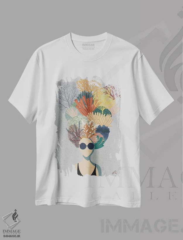 تیشرت سفید طرح دار سر مرجانی، دکور ساحلی اثر فابیان لاواتر | فروشگاه ایماژ