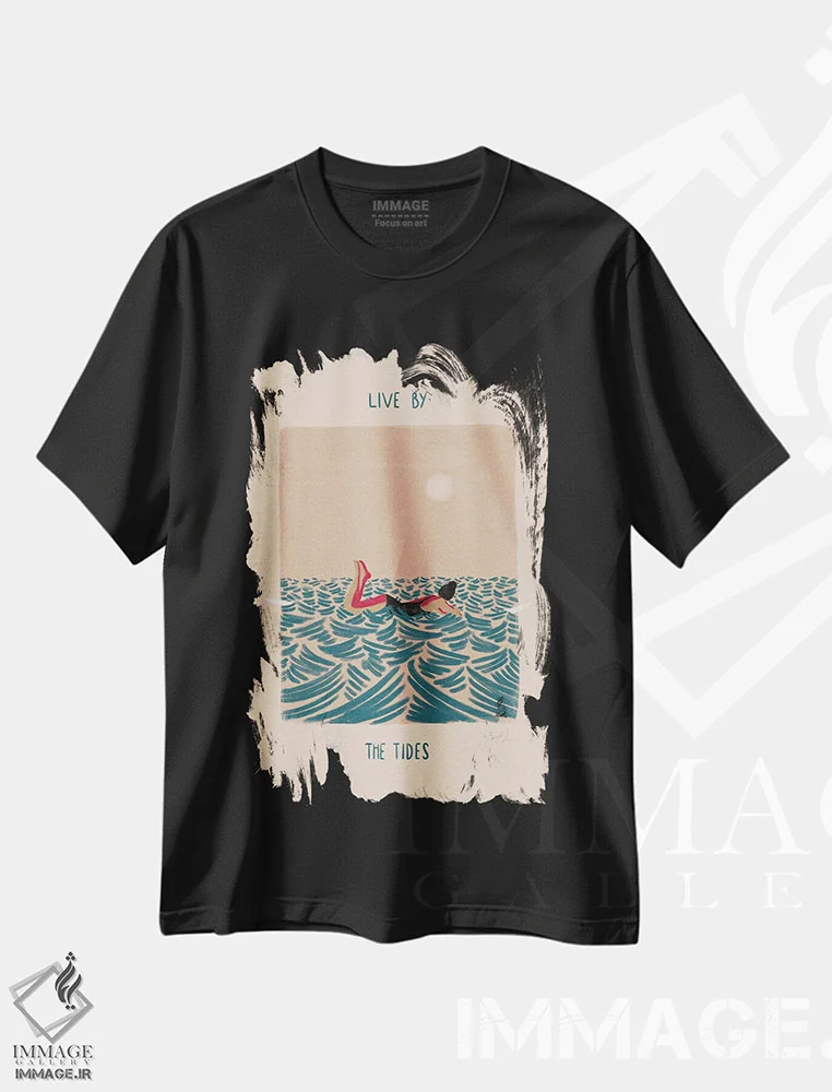 تیشرت مشکی طرح دار زندگی همراه جزر و مد II، دکور ساحلی اثر فابیان لاواتر | فروشگاه ایماژ