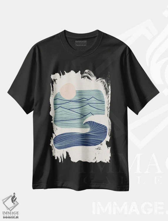تیشرت مشکی طرح دار خطوط اقیانوس و کوهستان، دکور ساحلی اثر فابیان لاواتر | فروشگاه ایماژ