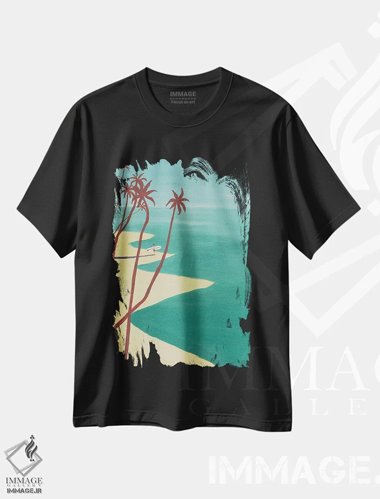 تیشرت مشکی طرح دار نخل های قرمز، دکور ساحلی اثر فابیان لاواتر | فروشگاه ایماژ