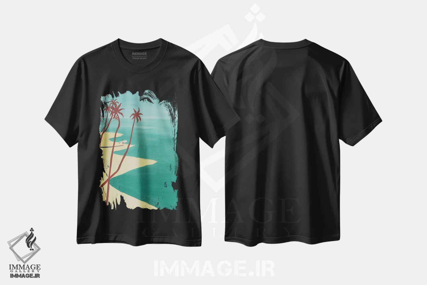 تیشرت مشکی طرح دار نخل های قرمز، دکور ساحلی اثر فابیان لاواتر | فروشگاه ایماژ