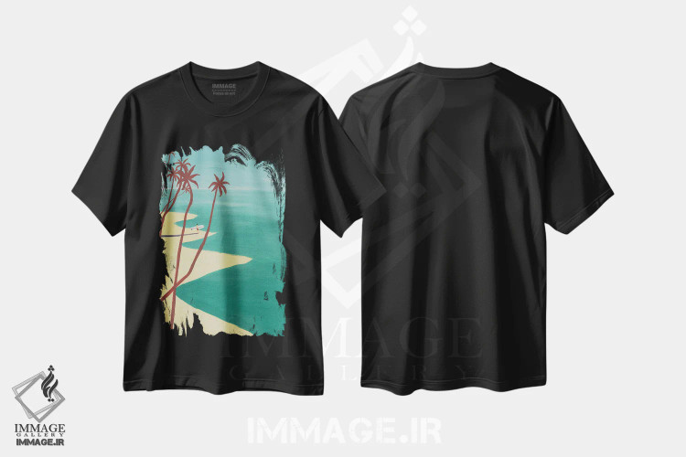 تیشرت مشکی طرح دار نخل های قرمز، دکور ساحلی اثر فابیان لاواتر | فروشگاه ایماژ