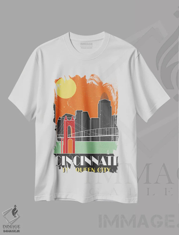 تیشرت سفید طرح دار سینسیناتی، نارنجی، دکور معاصر اثر فلای گرافیکس | فروشگاه ایماژ