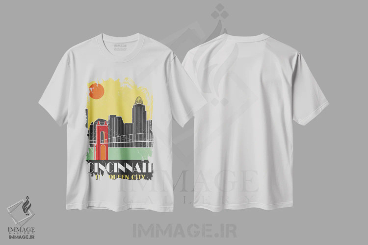 تیشرت سفید طرح دار سینسیناتی، زرد، دکور معاصر اثر فلای گرافیکس | فروشگاه ایماژ