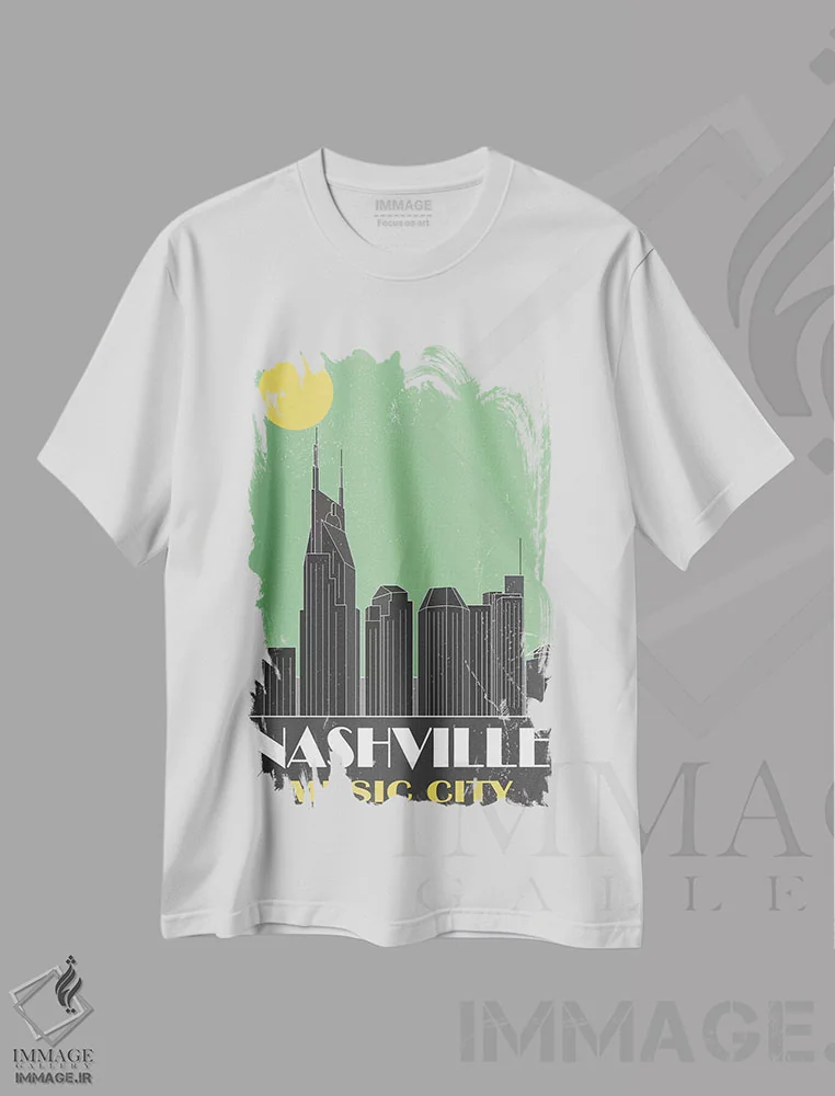 تیشرت سفید طرح دار نشویل، سبز، تزئینی اثر فلای گرافیکس | immage.ir